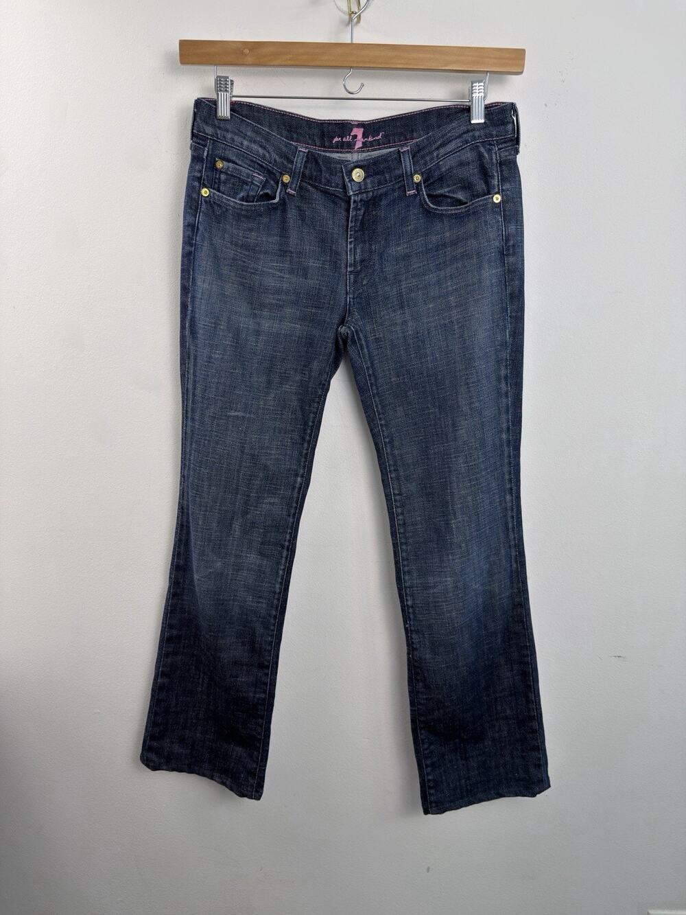 7 For All Mankind Women's Jeans Pink Stitch Distressed low rise Bootcut Sz 32